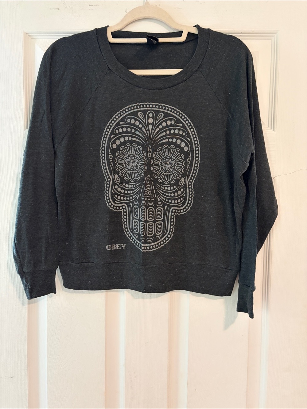 Obey Women's Dark Gray Graphic Skull Scoop Neck Sweatshirt